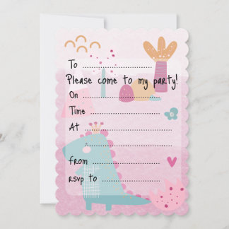 Pink Girl Dino Birthday Party Fill--In Scalloped Kaart