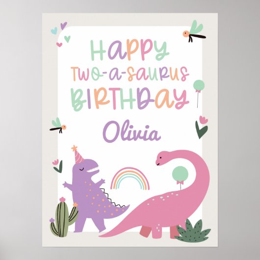 Pink Girl Dinosaur 2e Anniversaire Poster (Devant)