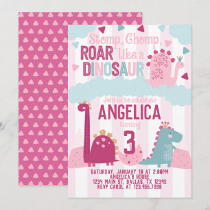 Pink Girl Dinosaur Birthday Party Thleed Kaart