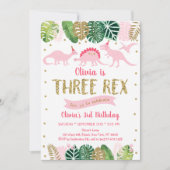Pink Girl Dinosaur THREE REX Birthday Kaart (Voorkant)