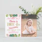 Pink Girl Dinosaur THREE REX Birthday Kaart (Staand voorkant)