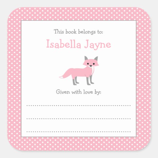 Pink Girl Fox bookplate carré autocollant (Devant)