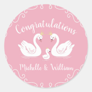 Pink Girl Swans Baby shower Ronde Sticker