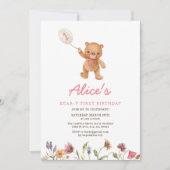 Pink Girl Teddy Bear First Birthday Uitnodiging (Voorkant)