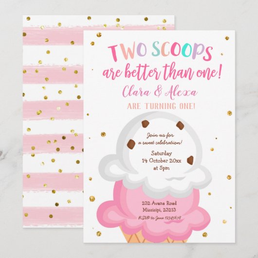 Pink Girl Twins crème glacée Invitation (Devant / Derrière)