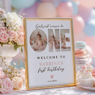 Pink Girls be One Photo First Birthday Welcome Poster