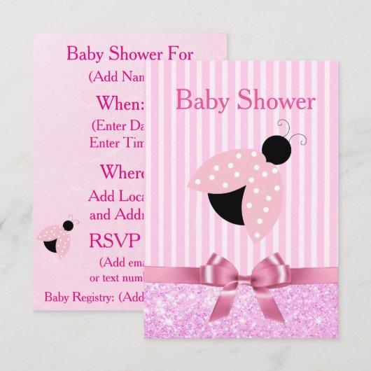 Pink Girl's Ladybug Baby shower Invitation Kaart (Voorkant / Achterkant)