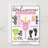 Pink Girls Unicorn Birth Stats Faire-part (Devant)