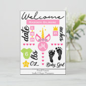 Pink Girls Unicorn Birth Stats Faire-part (Debout devant)