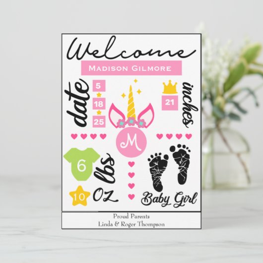 Pink Girls Unicorn Birth Stats Faire-part (Debout devant)