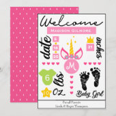 Pink Girls Unicorn Birth Stats Faire-part (Devant / Derrière)