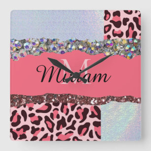 Pink Girly Feminine Roos Gold Monogram klok