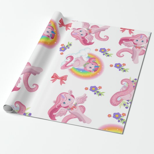 Pink Girly Unicorn Rainbow Pattern Wrapping Paper Cadeaupapier (Uitgerold)