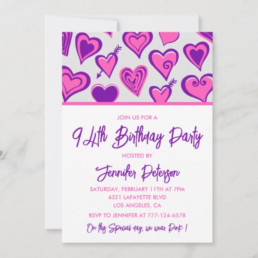 Pink Glam Heart Motif invitations 94e anniversaire (Devant)