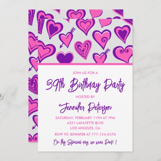 Pink Glam Heart Pattern 39e verjaardag uitnodiging (Voorkant / Achterkant)
