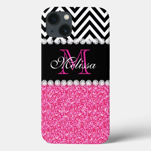 PINK GLITTER BLACK CHEVRON MONOGRAMMED Case-Mate iPhone CASE (Achterkant)