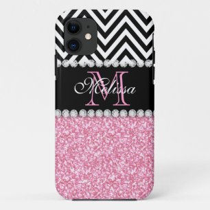 PINK GLITTER BLACK CHEVRON MONOGRAMMED iPhone 11 HOESJE