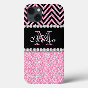 PINK GLITTER BLACK CHEVRON MONOGRAMMED iPhone 13 HOESJE