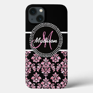 PINK GLITTER BLACK DAMASK UW MONOGRAM iPhone 13 HOESJE