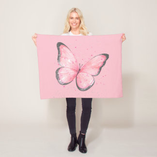 pink glitter butterfly fleece deken