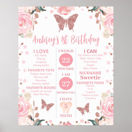 Pink Glitter Butterfly Verjaardag Milestone Poster (Voorkant)