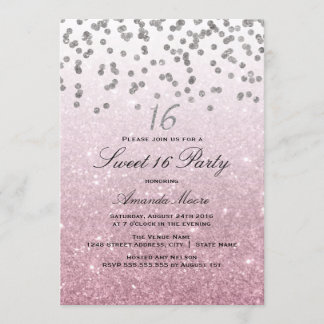 Pink Glitter Confetti Sweet 16 Invitation Kaart