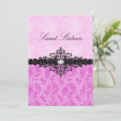 Pink Glitter Damask Sweet 16 Uitnodiging (Staand voorkant)