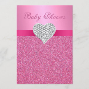 Pink Glitter Diamond Heart Baby shower Uitnodiging