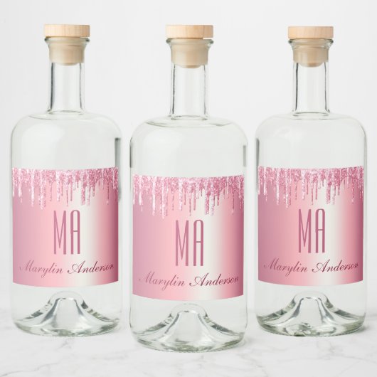 PINK GLITTER DRIP CUSTOM-NAAM MONOGRAM LIKEURFLES ETIKET (Flessen)