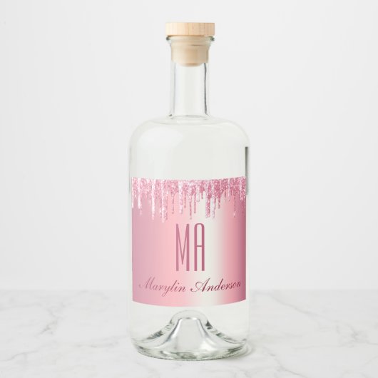 PINK GLITTER DRIP CUSTOM-NAAM MONOGRAM LIKEURFLES ETIKET (Voorkant)