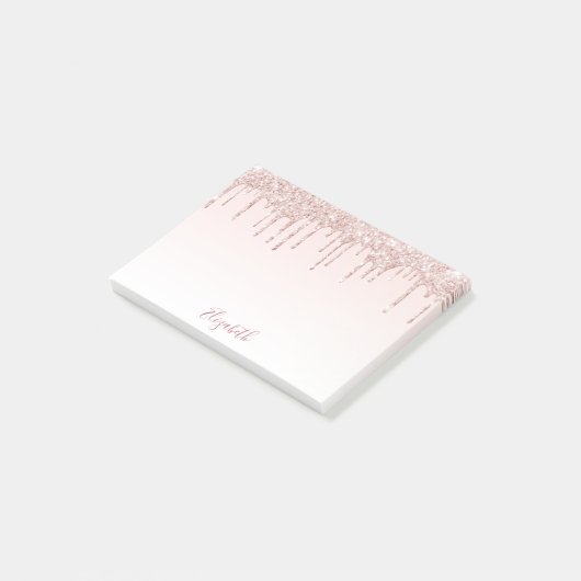 Pink glitter drips naam script post-it® notes (Schuin)