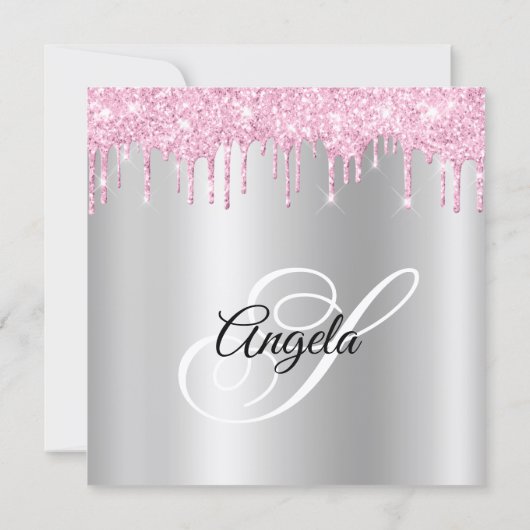 Pink Glitter Drips Silver Ombre Drop Shadow Kaart (Achterkant)