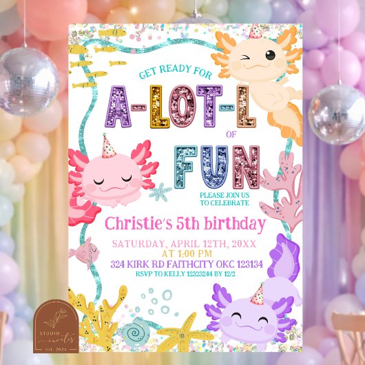Pink Glitter girl Axolotl birthday invitation