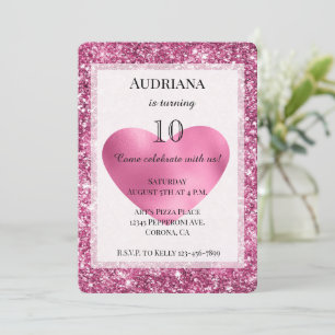 Pink Glitter Glam Heart Birthday Kaart