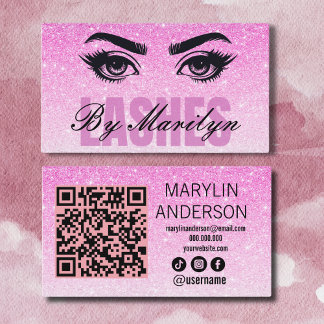 Pink Glitter Lash Technician met QR-code Visitekaartje