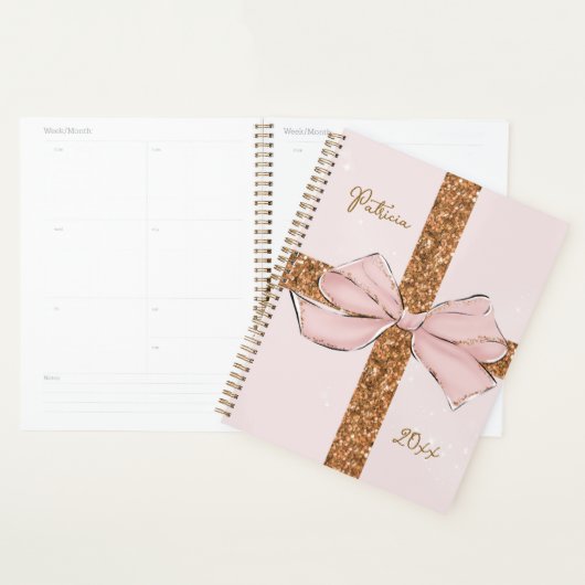 Pink Glitter Stripes & Bow Personalized Planner (Display)