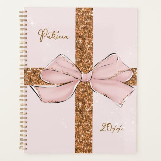 Pink Glitter Stripes & Bow Personalized Planner (Devant)
