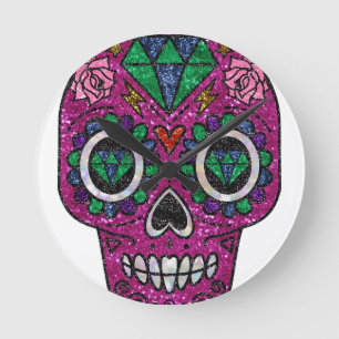 pink glitter sugar skull ronde klok