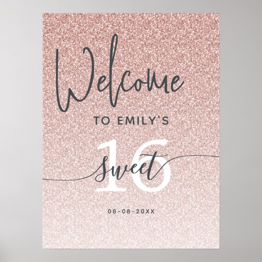 Pink Glitter Sweet 16 Welcome Sign Poster (Devant)