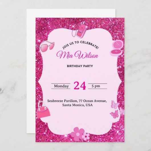 Pink Glitter verjaardagsfeestje uitnodiging voor m (Voorkant / Achterkant)