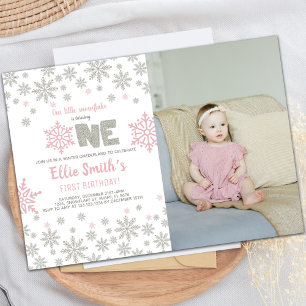 Pink Glitter Winter ONEderland Verjaardag Uitnodig Kaart