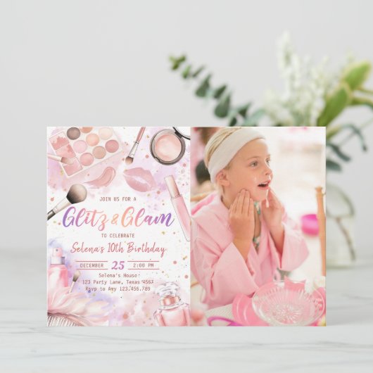 Pink Glitz en Glam Spa make-up verjaardag foto Kaart (Staand voorkant)