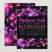 PINK GLOWING STARS Bat Mitzvah Invitation Kaart (Voorkant / Achterkant)