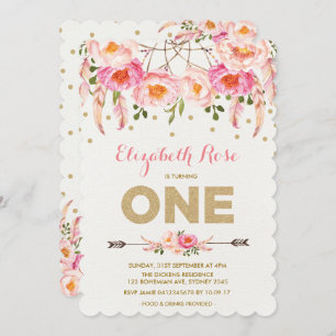Pink Gold 1st Birthday Invite Floral drocatcher Kaart