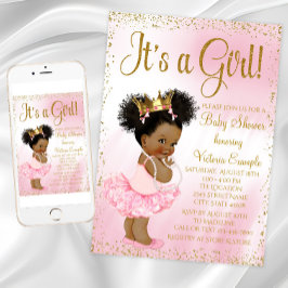 Pink Gold African American Princess Baby shower Kaart