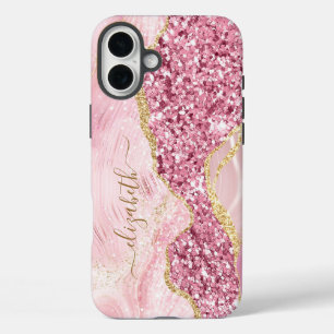 Pink Gold Agaat Marble Name Script iPhone 16 Plus Hoesje