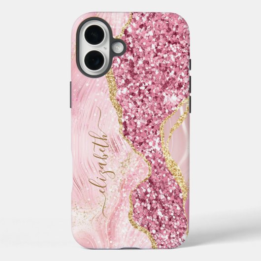 Pink Gold Agaat Marble Name Script Case-Mate iPhone Case (Achterkant)