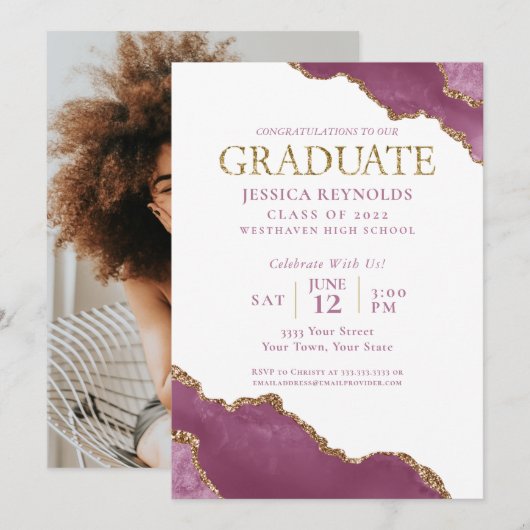 Pink Gold Agate Photo Graduation Party Invitation (Devant / Derrière)