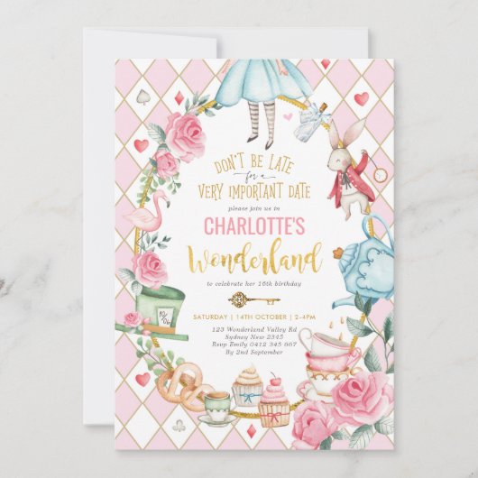 Pink Gold Alice in Wonderland Birthday Tea Party Kaart (Voorkant)
