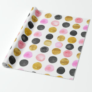 Pink Gold & Black Waterverf Verf Stippen Patroon Cadeaupapier